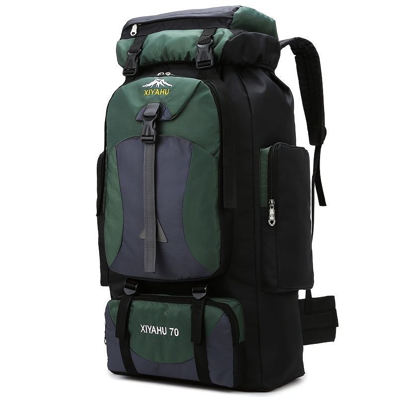 Durable nylon travel backpack for camping and hiking purposes.