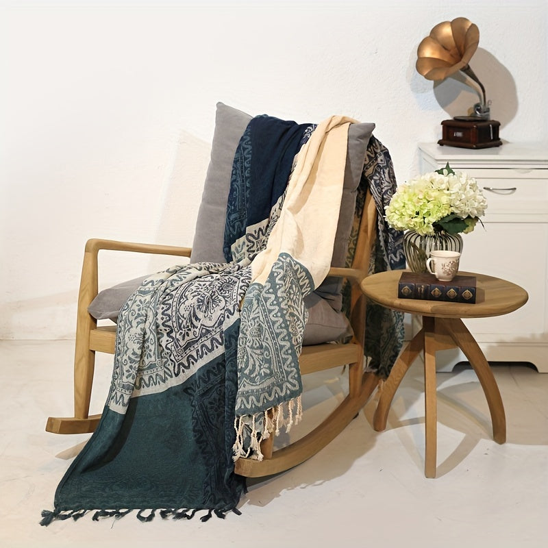 Boho jacquard chenille tassel blanket perfect for napping, cozying up on the sofa, or using as a casual bedspread.