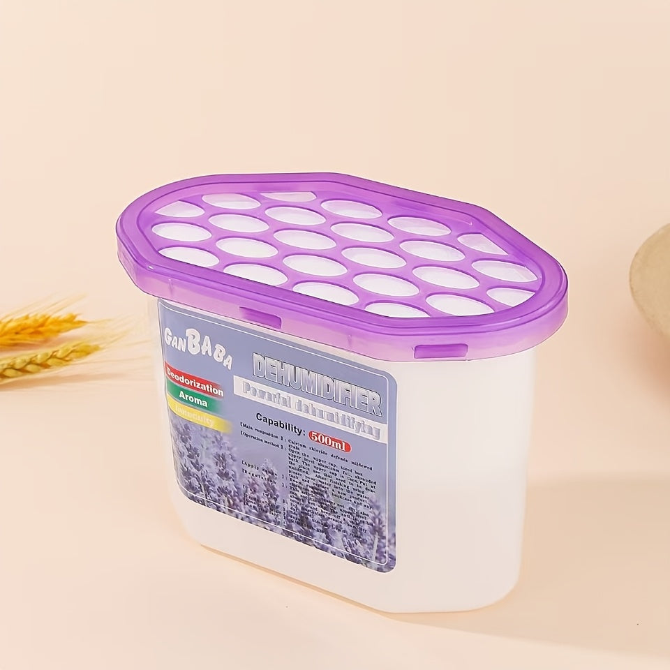 Household dehumidifier box with 200g moisture absorbent capacity, designed to prevent mildew and dampness in wardrobes and indoor spaces. Infused with lavender fragrance for a pleasant aroma.