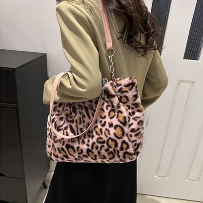 Fashionable Leopard Print Satchel for Women - Stylish Faux Fur Tote with Detachable Strap, Spacious Shoulder Bag, Multipurpose Crossbody Purse for Everyday Wear, Trendy Accessory for Fashionable Adults 18 and Up