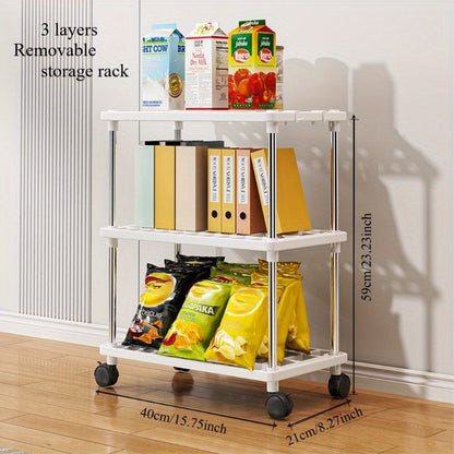 Rolling Storage Rack Organizer featuring Multiple Tiers, Constructed from Metal and Plastic, Easy to Move with Wheels, Ready to Use with No Assembly Needed, Ideal for Kitchen, Bathroom, Snacks, and Shoes Storage.