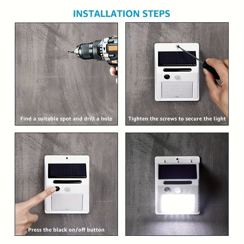 Solar powered motion sensor lights with rechargeable battery for outdoor security, suitable for garden, fence, patio, and garage. Available in sets of 4 or 8.