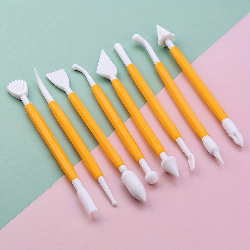 Set of 8 fondant cake decorating tools with 16 patterns for carving flowers, crafting clay, modeling, and baking accessories.