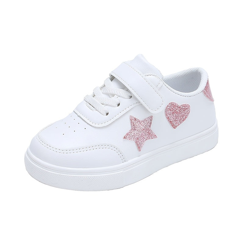 Cute sports shoes with heart and star designs, lightweight and comfy for year-round wear.