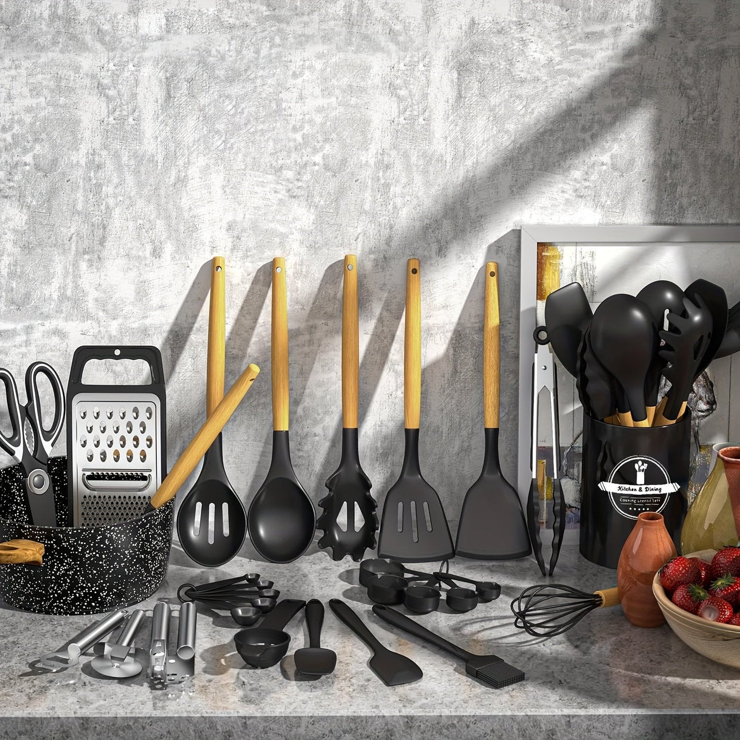 Silicone Kitchen Utensil Set with Wooden Handles - 44 Pieces, Non-Stick Coating, Includes Stainless Steel Grater & Bottle Opener, Ideal for Cooking, Baking & Festive Occasions.