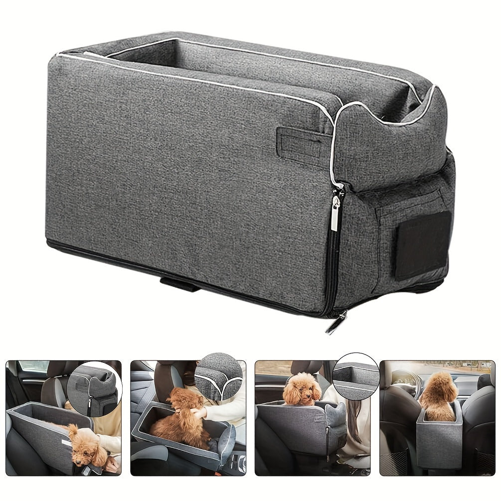 Premium dog car seat with safety leash for small to medium breeds, made of durable polyester.