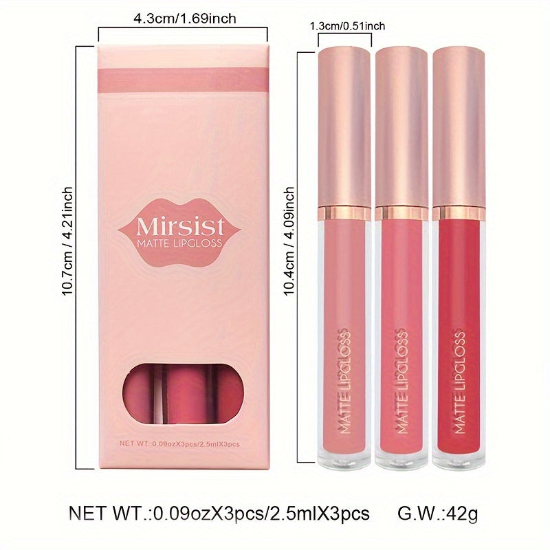 3-piece matte lipstick lip gloss set, waterproof and non-stick cup. Matte velvety finish, long-lasting and fade-resistant. Perfect for Valentine's Day or Mother's Day gifts for women.