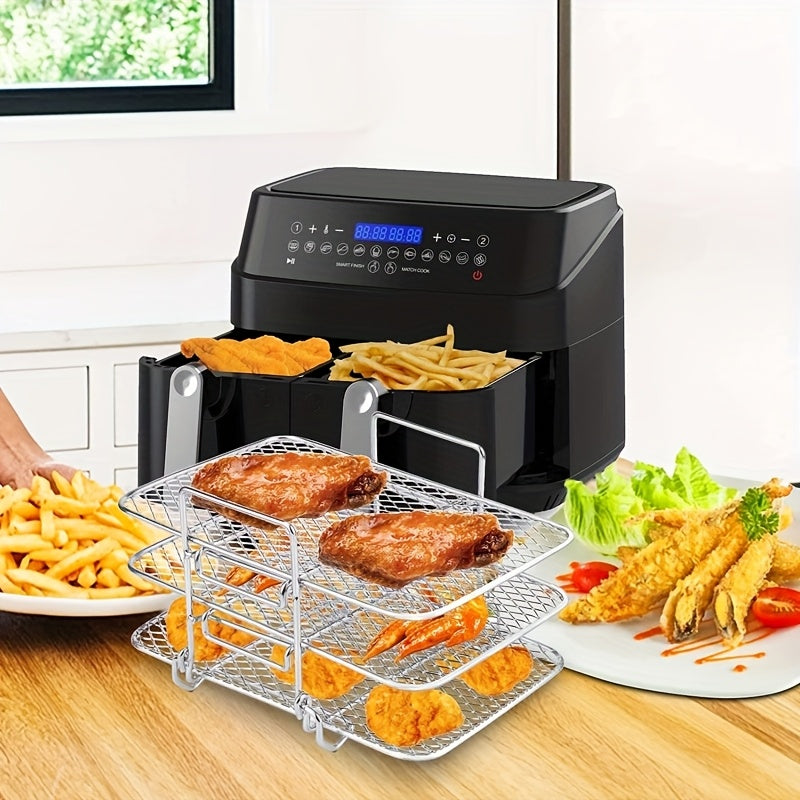 A versatile cooking rack made of durable stainless steel that can be used for frying, air frying, grilling, charcoal stove cooking, outdoor barbecuing, and more. This rack comes with feet for easy placement and can be used in a home multi-layer oven for