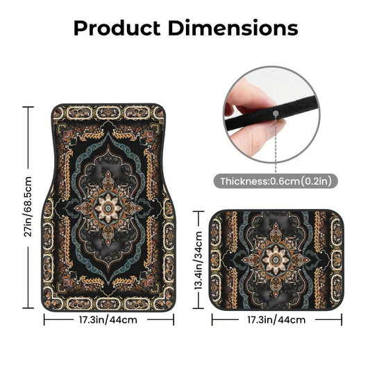 4pc Bohemian Pattern Car Rubber Mats, Non-Slip, Waterproof, Easy to Clean, Made from Synthetic Rubber for Front and Rear Vehicle Use.