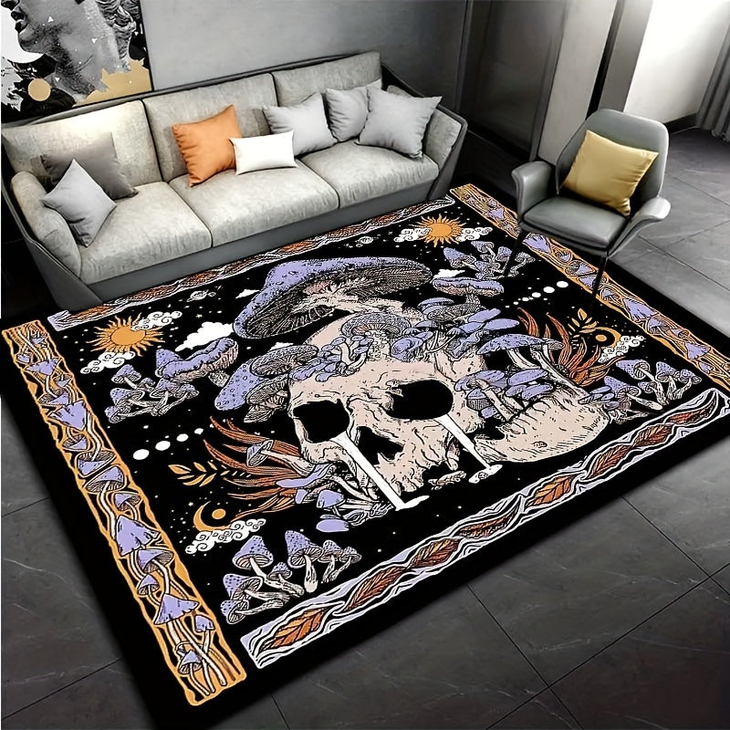 Non-Slip Door Mat with Skull & Mushroom Pattern - Easy to Clean in Washing Machine, Ideal for Adding Style to Living Room, Bedroom, Bathroom, and Entryway