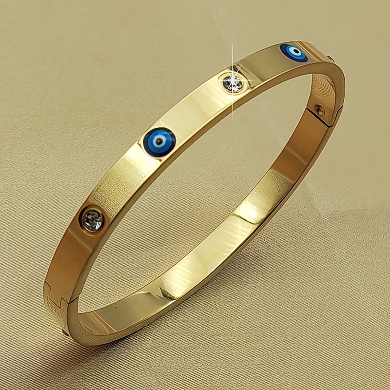 Chic Golden Stainless Steel Bracelet featuring Blue Evil Eye Charms & Glittering Rhinestones - Perfect for Boho Chic or Casual Outfits, Great Present for your Girlfriend, Stunning Stainless Steel Bracelet, Ideal Gift Option