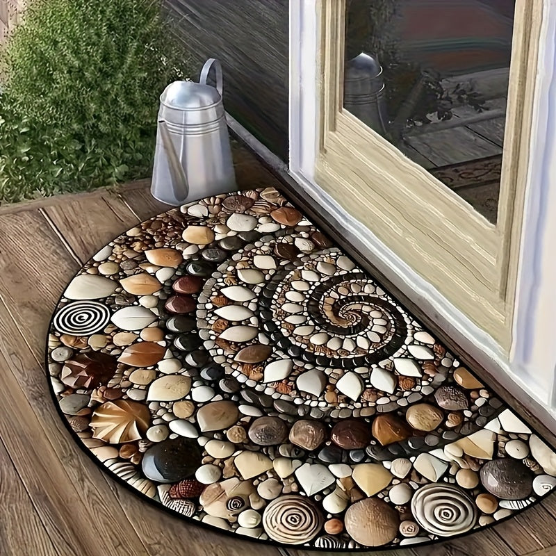 Semicircular Pebble and Floral Welcome Mat - Non-Slip, Stain Resistant
This beautiful welcome mat is made of durable machine-made polyester fiber with a rubber backing, making it perfect for indoor or outdoor use. Easy to clean and ideal for entryways