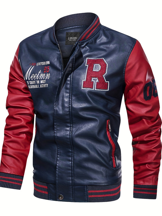 Oversized letter "R" print PU jacket for plus size men in spring/autumn. Raglan baseball jacket for big and tall males.