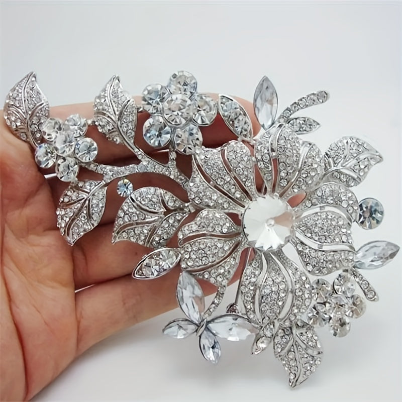 Elegant Floral Brooch Pin for Women - Beautiful Alloy Silvery-Tone with Rhinestone Accents, Fashion Accessory