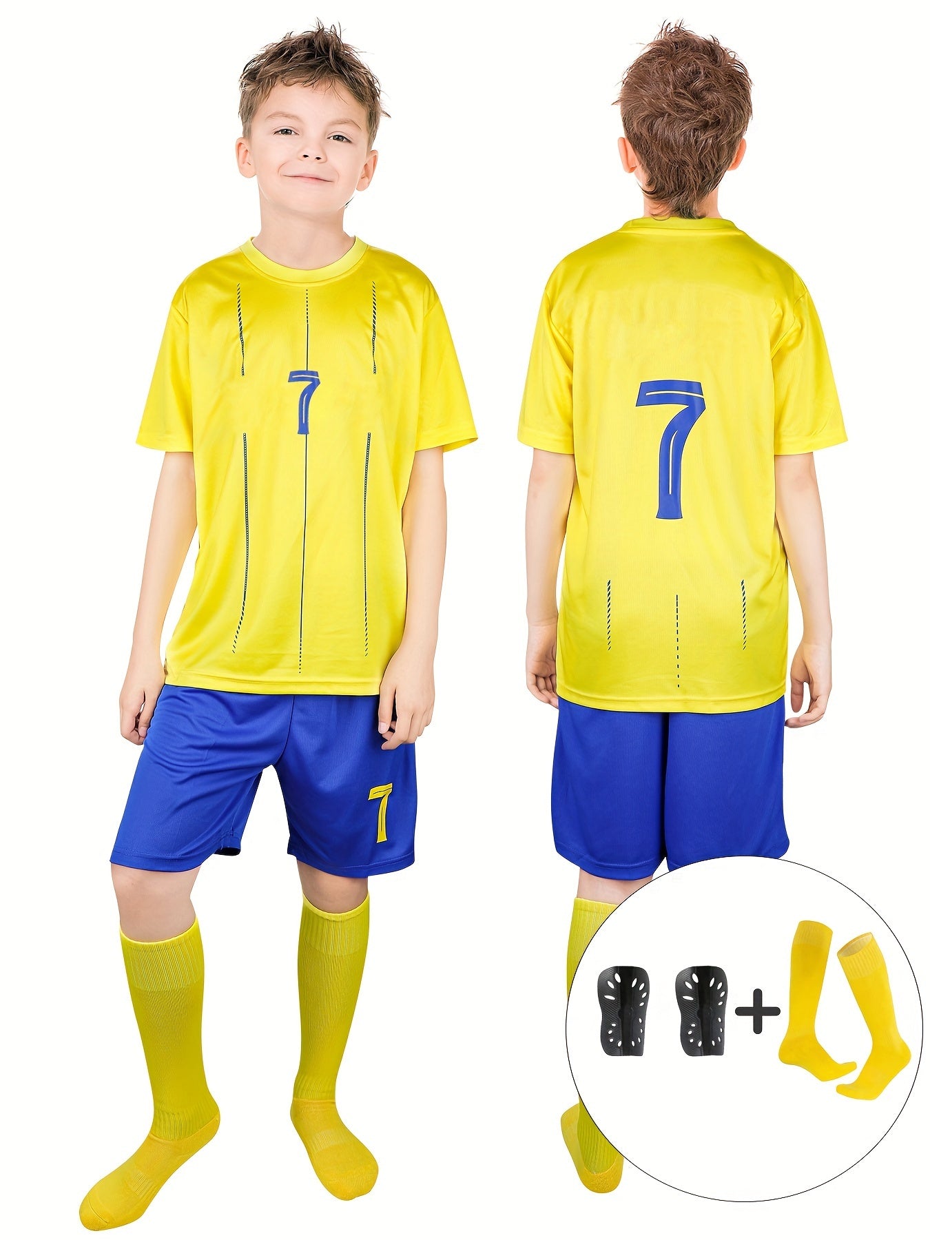 Football kit set comes with 4 pieces including jersey, shorts, socks, and protective gear.