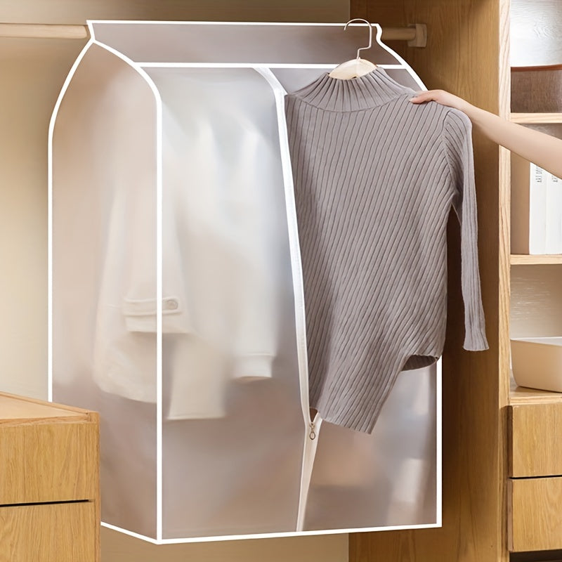 Foldable, transparent wardrobe bag for dustproof protection of hanging clothes.