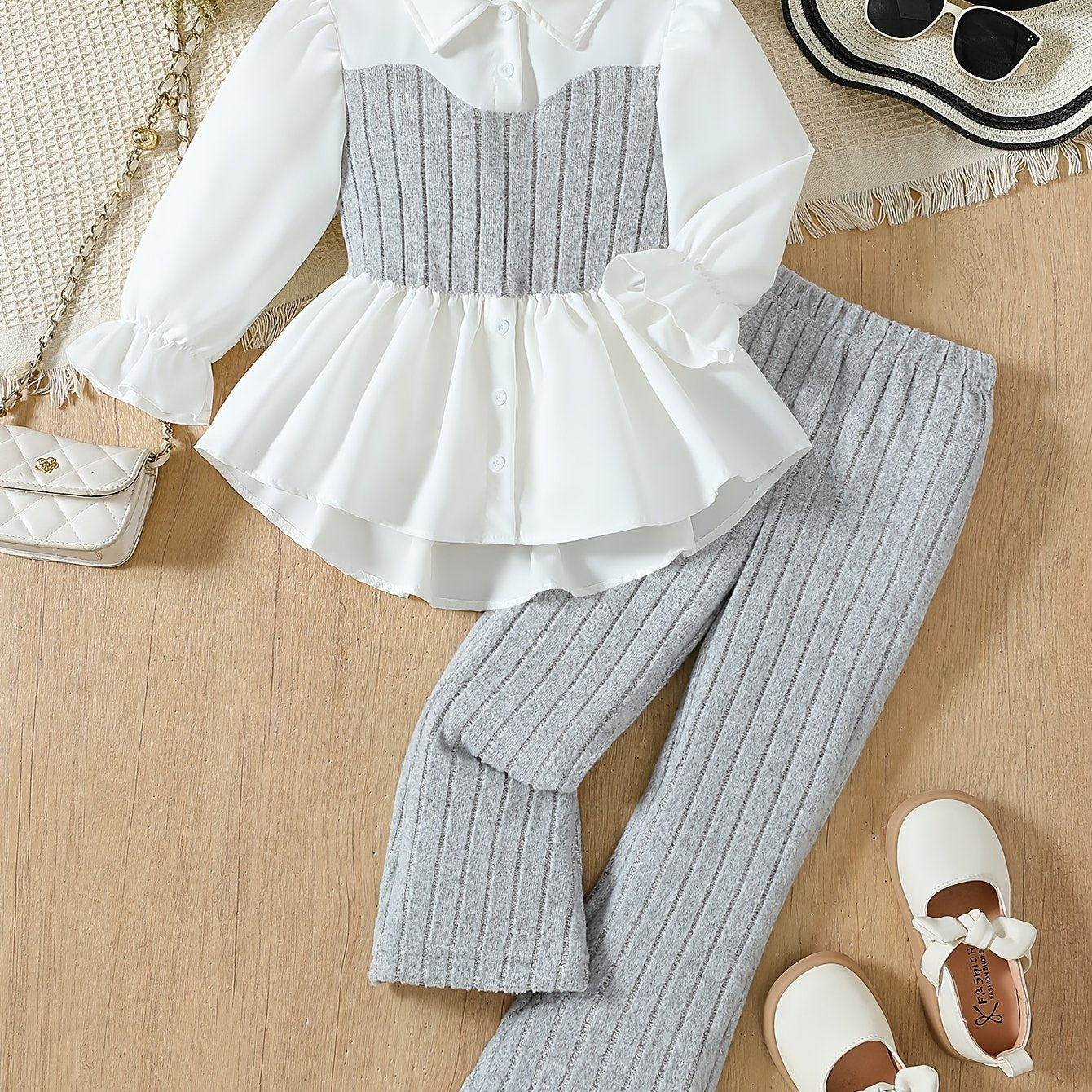 Girls' Autumn two-piece set featuring a long-sleeve collared shirt with puff sleeves and black straight-leg stretchy pants, suitable for any occasion.