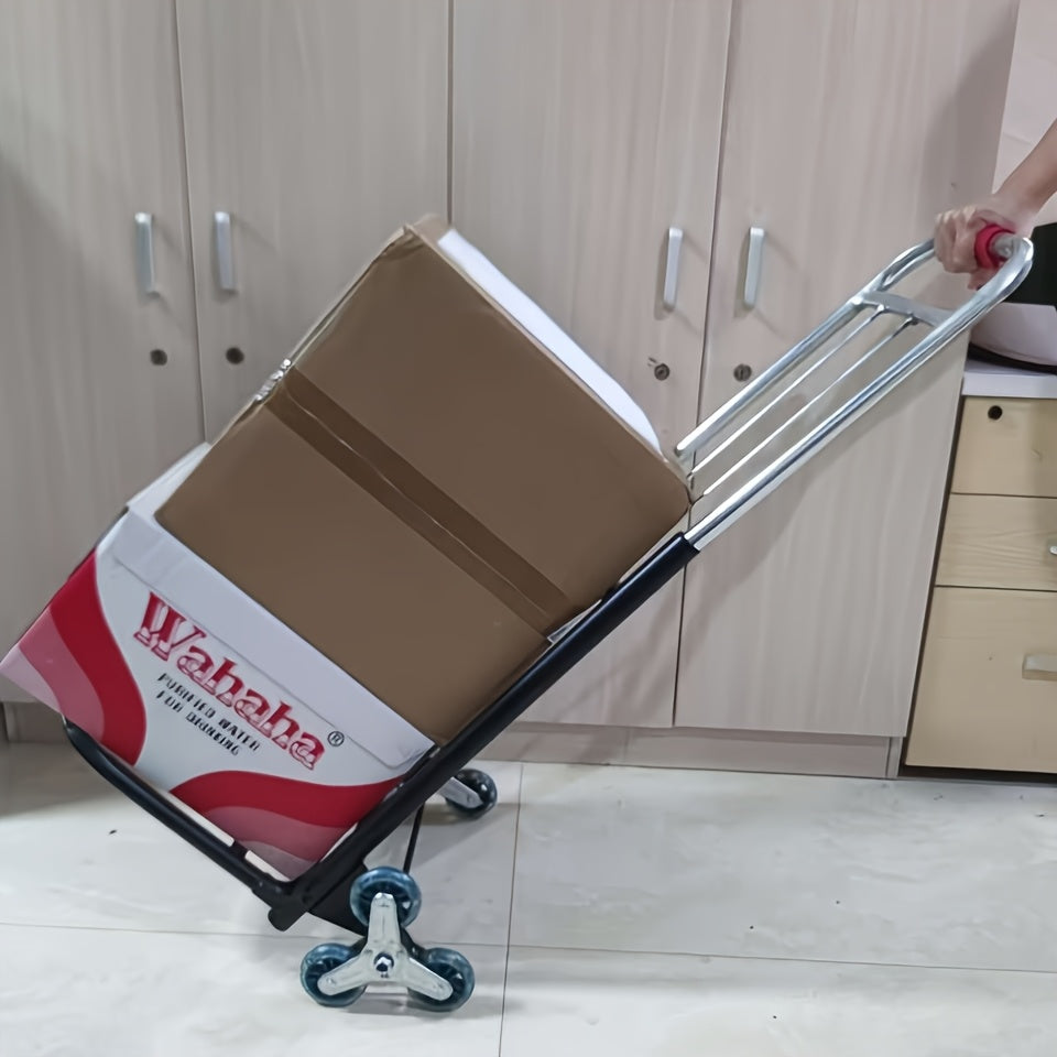 Durable folding hand truck with wheels designed for climbing stairs, easy to lift and carry, ideal for moving and shopping.