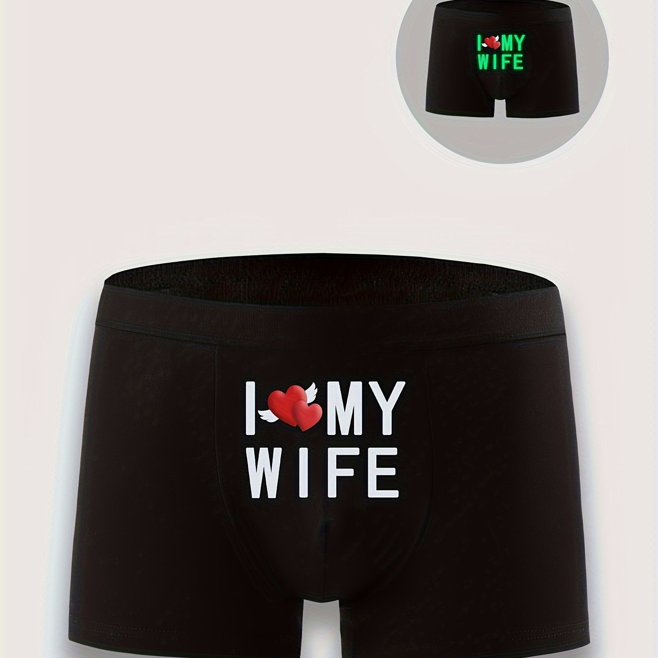 Men's 'I Love My Wife' glow-in-the-dark boxing shorts in a single pack. Soft, durable, and skin-friendly novelty underwear made from knitted fabric, perfect as a stylish and romantic