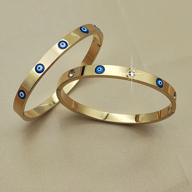 Chic Golden Stainless Steel Bracelet featuring Blue Evil Eye Charms & Glittering Rhinestones - Perfect for Boho Chic or Casual Outfits, Great Present for your Girlfriend, Stunning Stainless Steel Bracelet, Ideal Gift Option