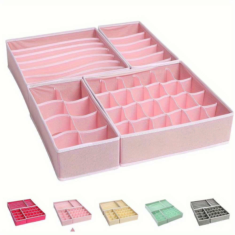 Set of 4 Foldable Fabric Drawer Dividers in Pink - Organize Socks, Underwear, Bras, Panties, and Scarves in Your Closet - Adjustable and Space-Saving Storage Solution for Home and Dorm - Versatile Organizer with Breathable Material for Clothes Storage