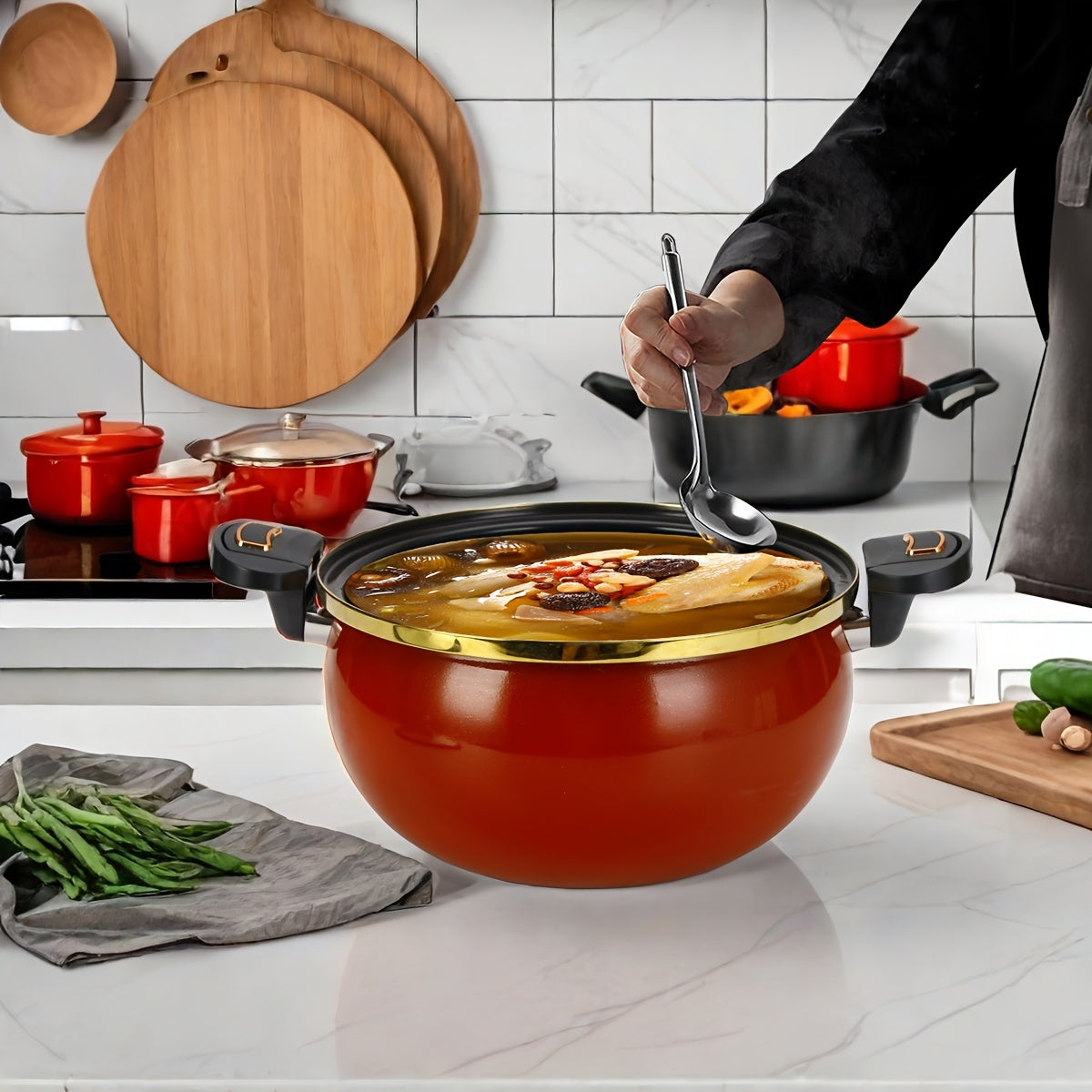 Premium Enamel Pressure Cooker features an elegant black and red design with golden accents, has a 236.73oz capacity. It comes with an automatic 60-minute countdown lid and is sealed for efficient stewing. Compatible with various stovetops.