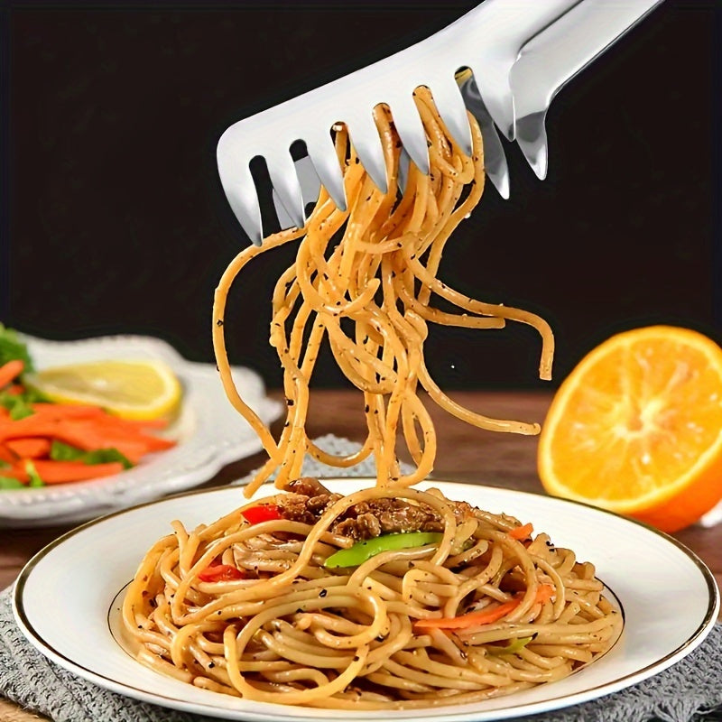 Durable stainless steel pasta tongs for restaurant and home use.