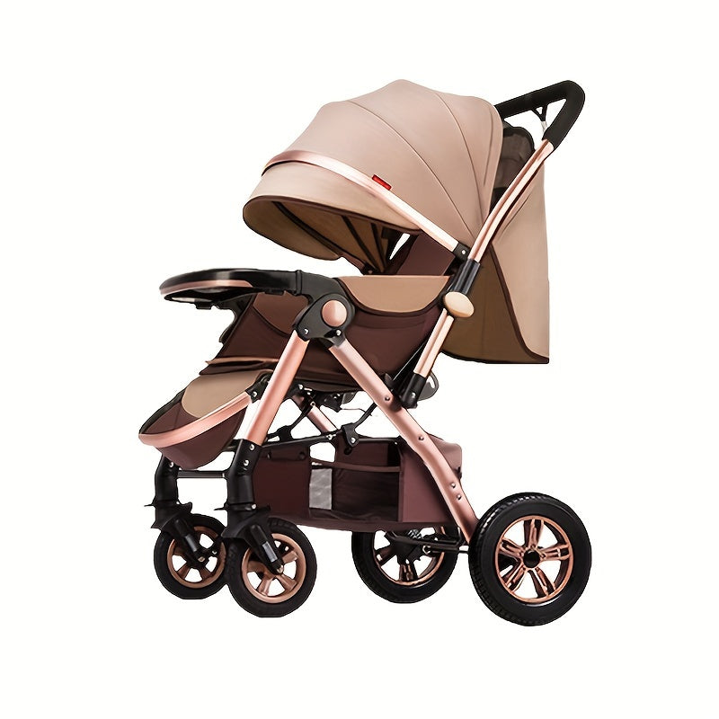 Elegant khaki and brown striped stroller for kids with high carbon steel frame, one-handed fold, storage bag, canopy, front-facing design, single seat, flat recline, perfect for everyday