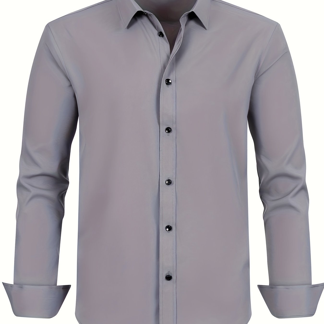 Men's plus size dress shirt in solid color with square collar, regular fit, made from all-season polyester with slight stretch. Features button details and woven fabric, weighing 120g/m².