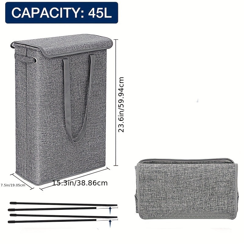 Tall, slim laundry hamper with lid and handles for bathroom, bedroom, or dorm organization. Made of waterproof linen fabric.