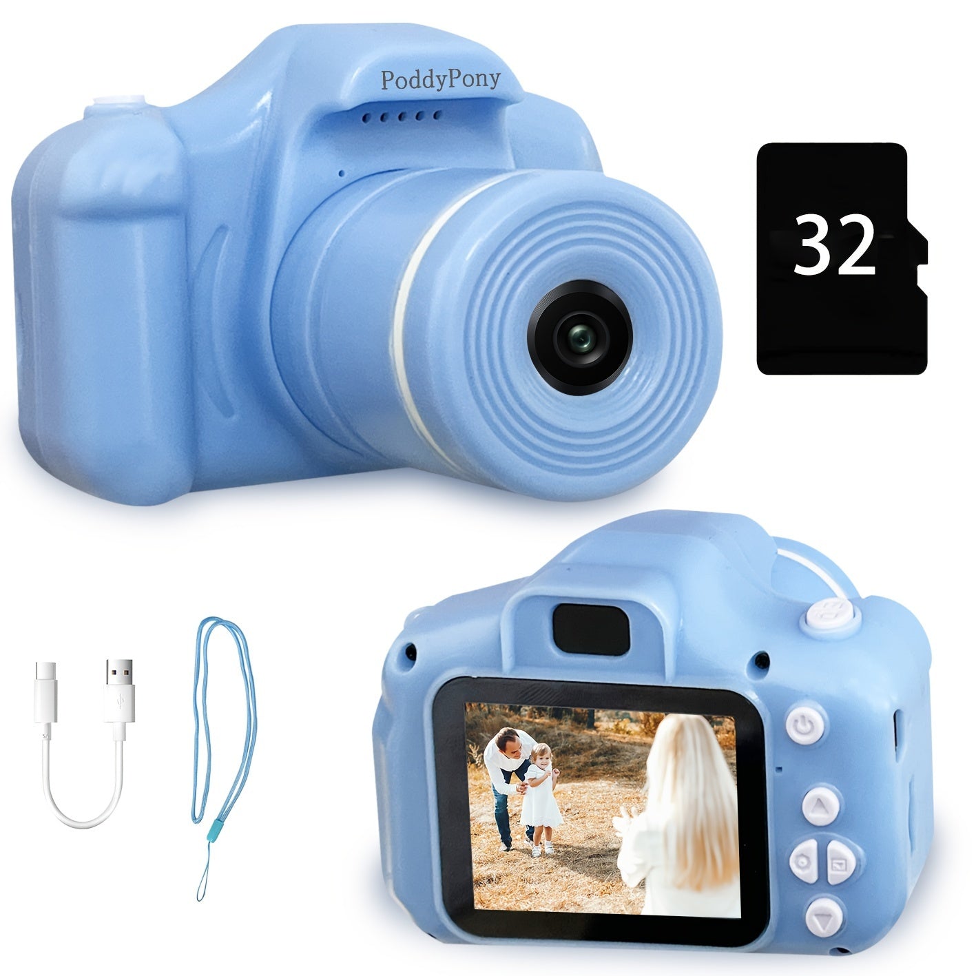 HD kids' camera with long lens - ideal gift for children 3-12, includes 32GB memory card, in pink/purple/blue/black options.