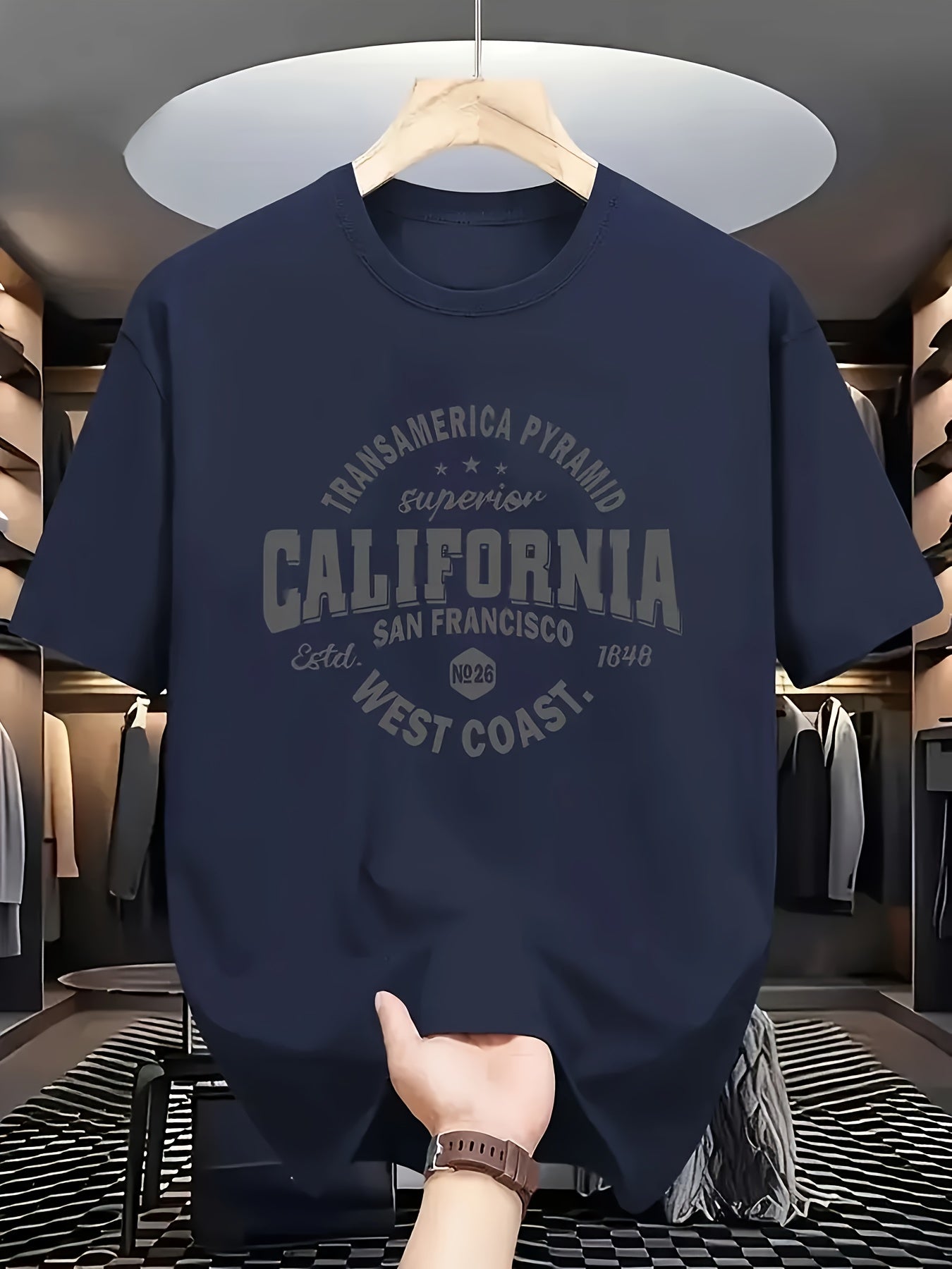 Men's casual crew neck t-shirt with California graphic, 3D digital print, made of polyester knit fabric with slight stretch for regular fit. Suitable for all-season daily and casual wear.