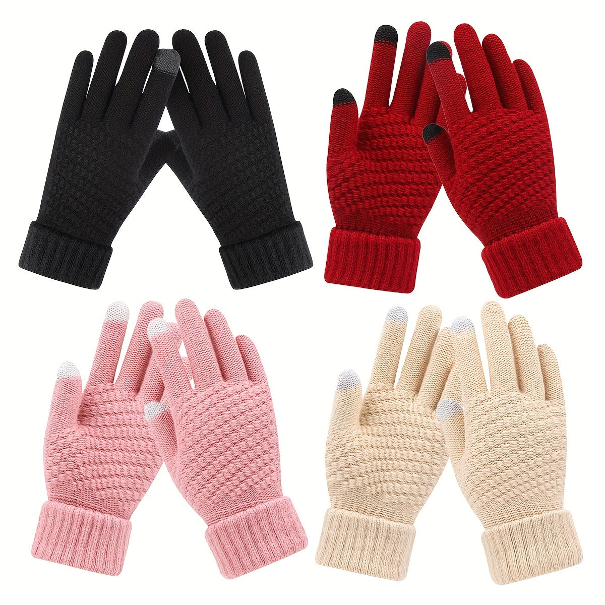 Women's Winter Touchscreen Gloves - Stay Warm and Stylish with these 4pcs Warm Cashmere Lined Knitted Gloves, Perfect for Texting and Leisure Outings. Featuring Elastic Cuffs, Solid Colors, and College Style, these Gloves are a Popular Choice for any