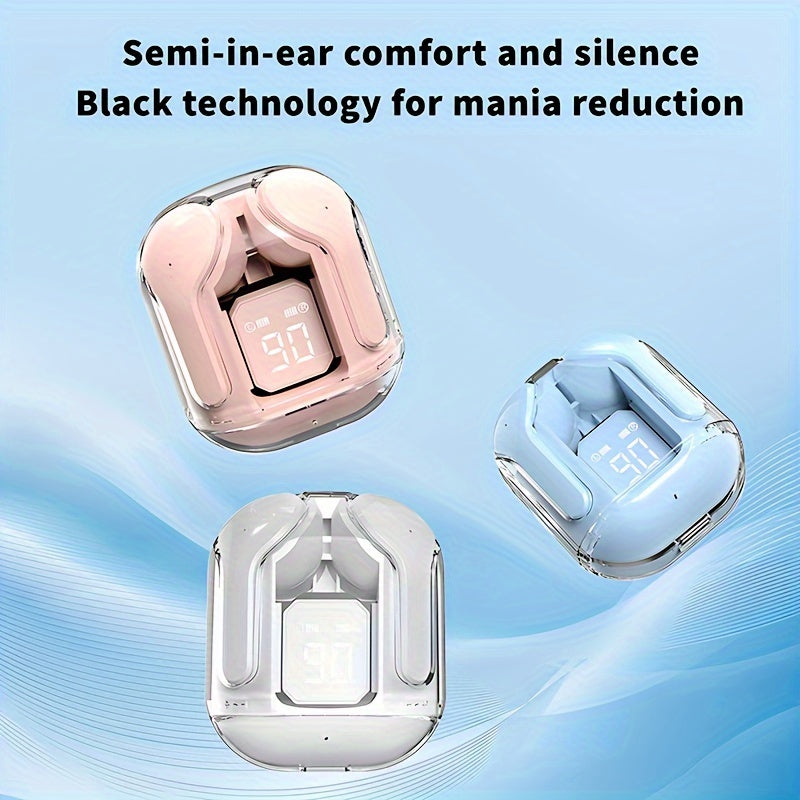 1 pair of transparent TWS wireless earbuds with LED power display, volume control, condenser mic, and rechargeable lithium polymer battery. Compatible with smartphones, with Type-C