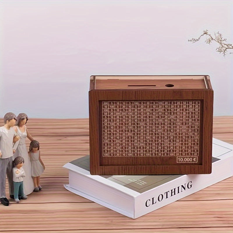 Wooden penny bank with wipeable counter adds charm to home decor and serves as a savings box for youngsters.