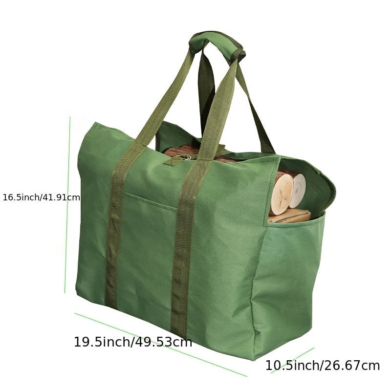 Durable Canvas Firewood Carrier Bag in Military Green, Ideal for Outdoor Camping and Fireplace Use, Features Reinforced Handles for Easy Storage and Transport of Firewood