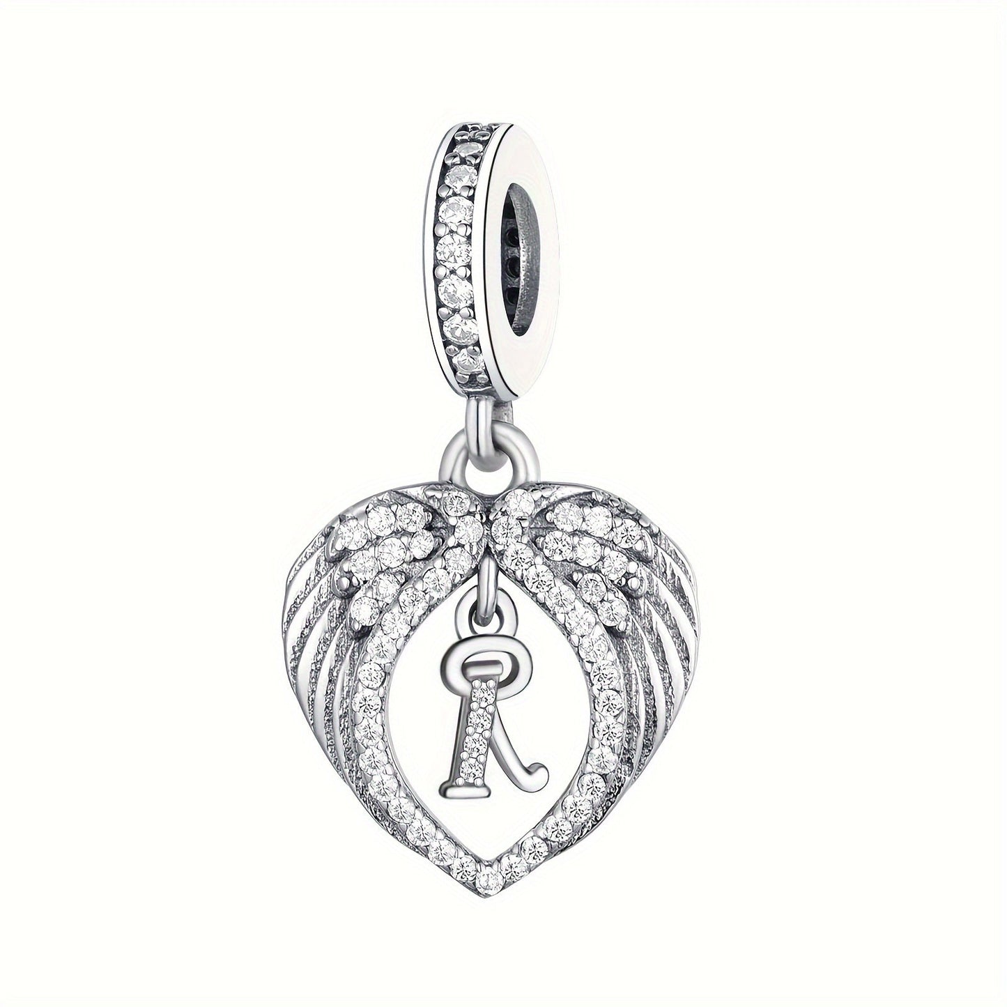 925 Sterling Silver Heart-shaped Wing Pendant with Synthetic Zircon Letter Pattern for DIY Jewelry Making, Perfect Gift Idea