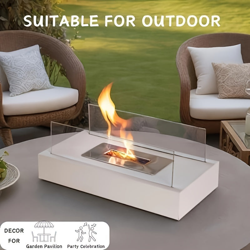 Portable and smokeless, this rectangular tabletop fire pit is perfect for indoor or outdoor use. Create a cozy atmosphere on your patio, balcony, or backyard during dinners, gatherings, weddings, or just for everyday heating. Made of white metal, this