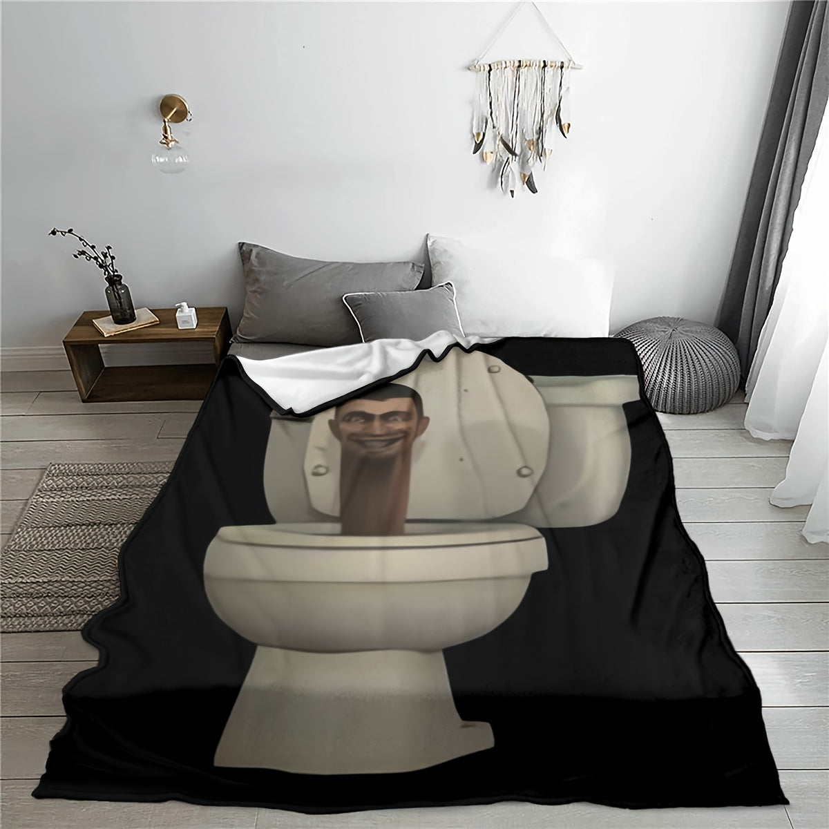 Exciting image of a cheerful man on the toilet, printed on a high-definition and super soft blanket. This blanket is comfortable, lightweight, and machine washable, making it versatile for use on the sofa, bed, or during office breaks. Perfect for all