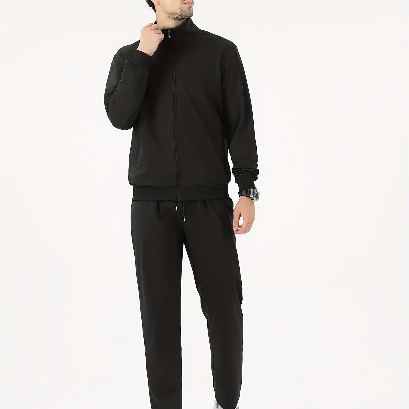 Men's two-piece casual sports suit with stand collar open shirt for spring and autumn.