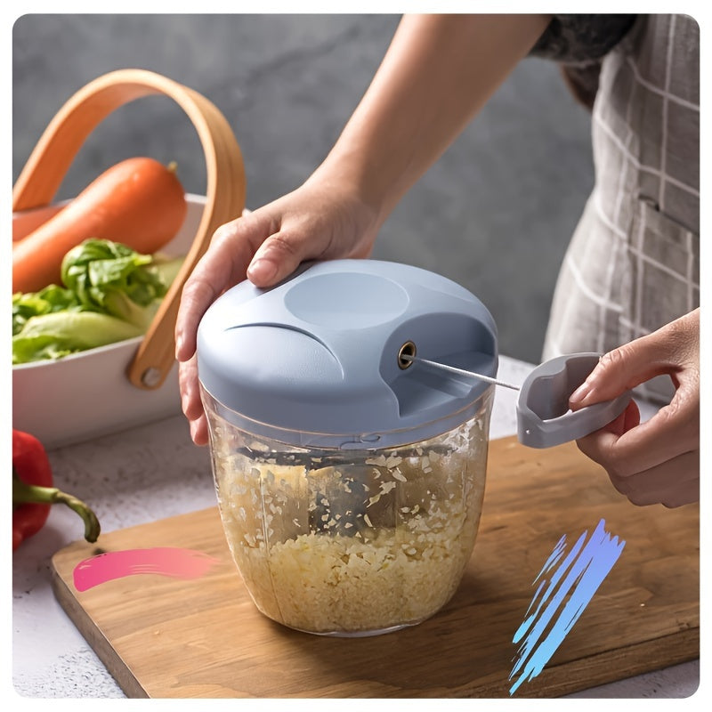 The Manual Vegetable Chopper is a versatile kitchen tool that combines a garlic press and grater in one. This hand-pulled chopper is perfect for chopping garlic, herbs, and onions without the need for electricity. Made from plastic and metal materials