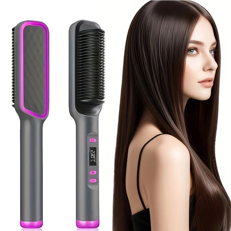 2-in-1 Ceramic Hair Straightener Brush with LCD Display, European Standard Plug, Perfect Mother's Day Gift for Unique Hairstyles