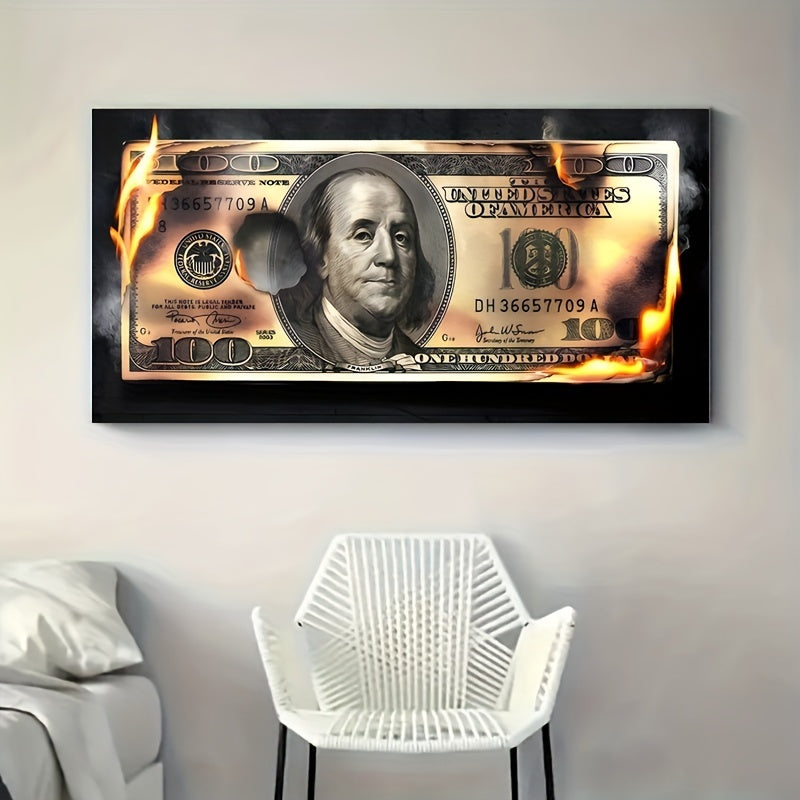 Flame Dollar Bill Art on Canvas, Unframed Indoor Decor for Various Spaces - Transverse Orientation