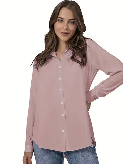 Solid Button Front Shirt with Roll Up Sleeves for Spring & Fall in Plus Size Women's Clothing.