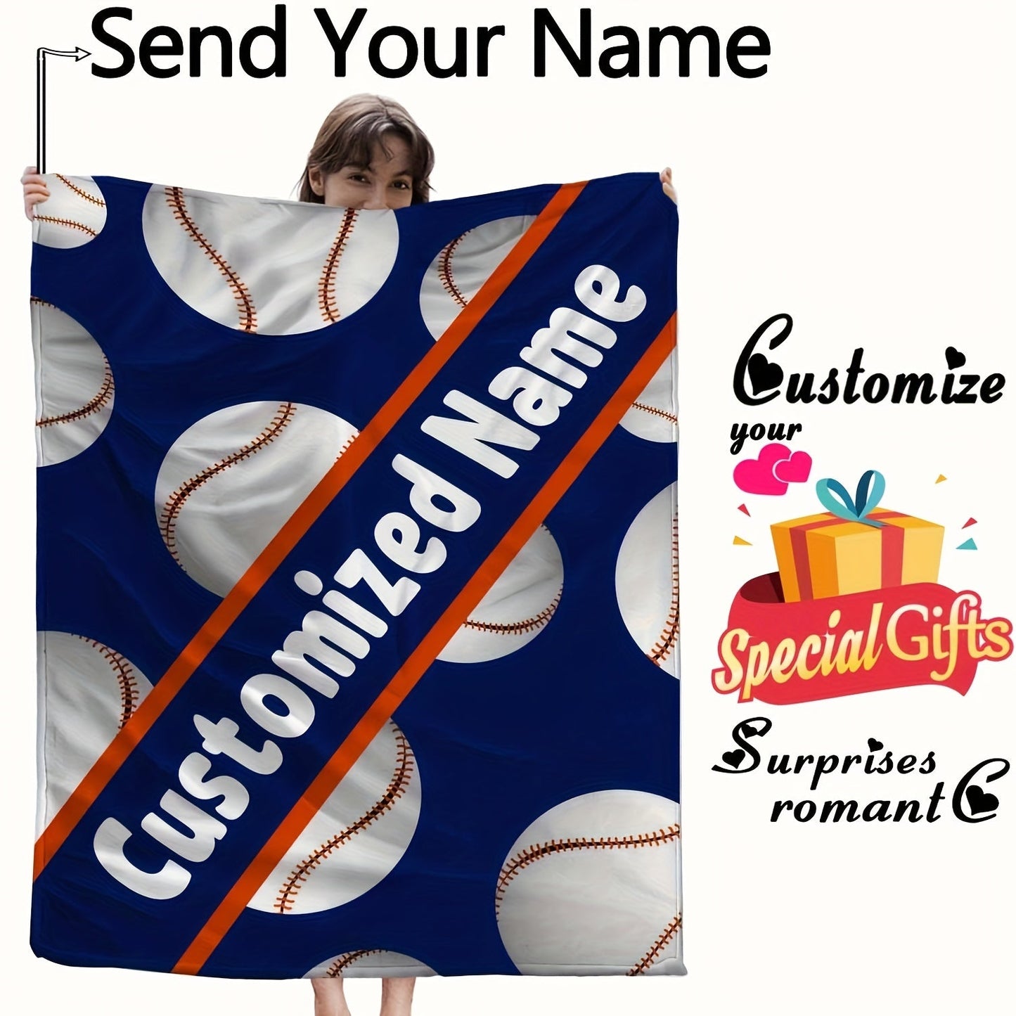 Fleece Baseball Blanket with Custom Name, Personalized Sports Throw, Reversible Design, Lightweight All-Season Sofa Camping Travel Blanket, Contemporary Style, Machine Washable, Superfine Fiber Cover, Knitted Fabric, 3D Baseball Print, 250-300g Square