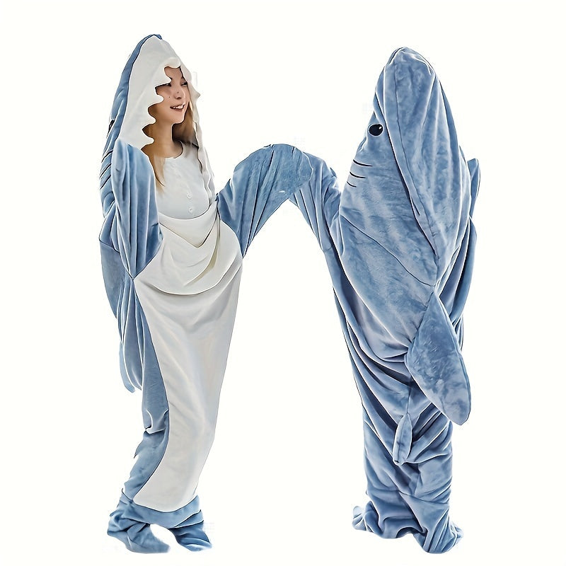 Gift for adults - Blue shark pattern hoodie blanket with a cute and interesting cartoon animal design. Made from cozy flannel, this wearable blanket is perfect for lounging on the sofa, bed, or even camping in the car.