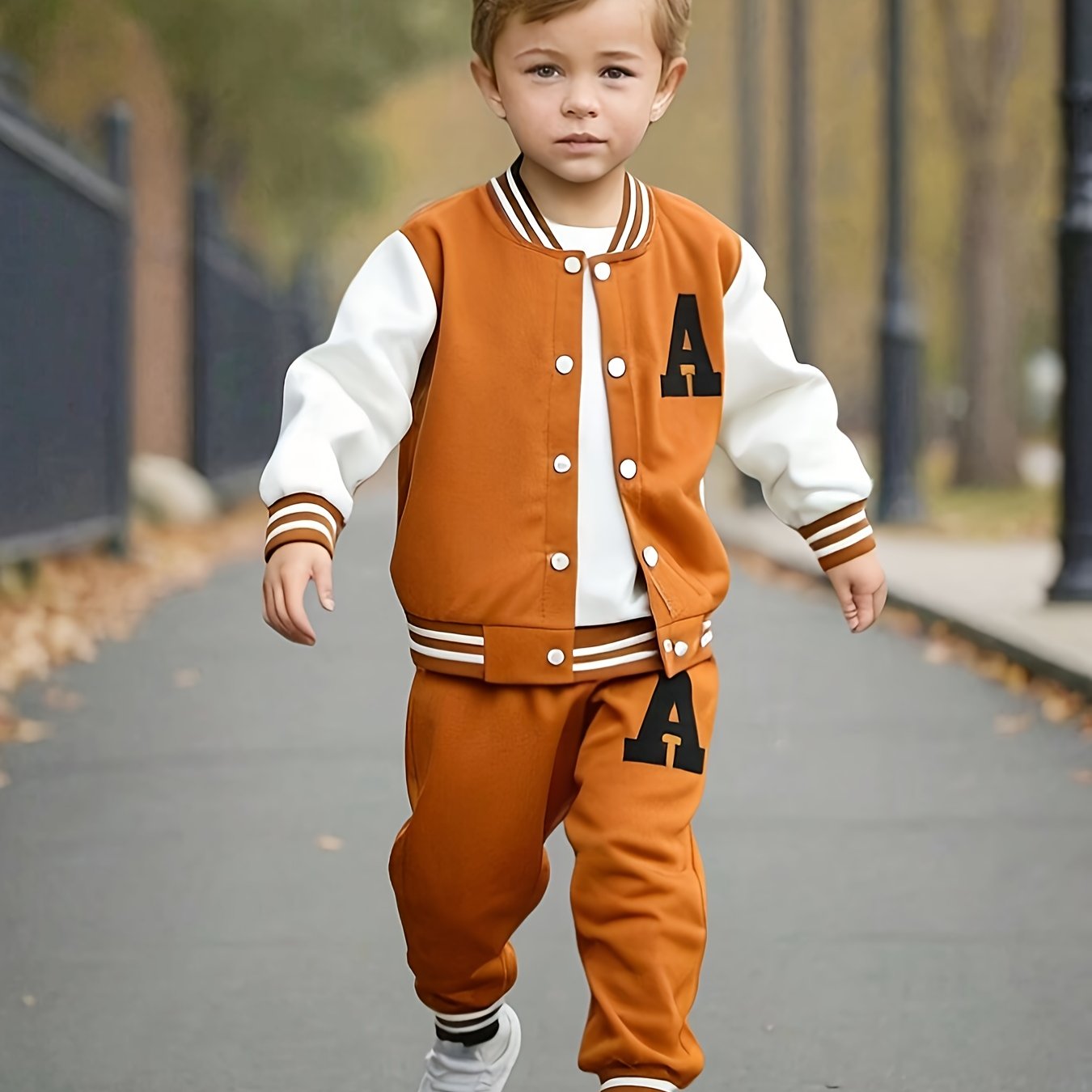 Boys' Matching fall/winter baseball suit in polyester knit, Alphabet print, Regular fit with button detail, for outdoor wear.