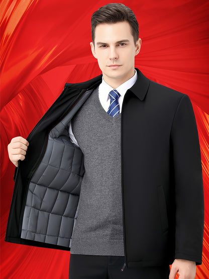 Men's Winter Thick Premium Lapel Jacket, 100% Polyester Solid Color Business Coat with Zipper Closure, Regular Fit