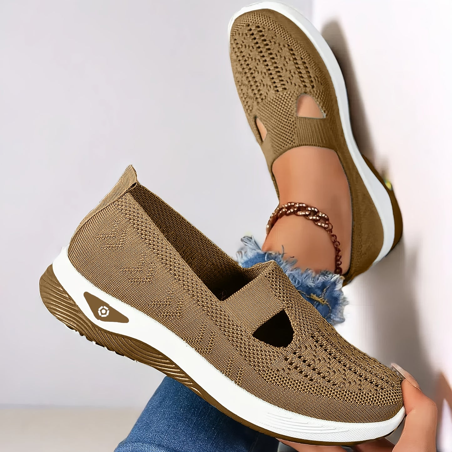 Lightweight and stylish knit sneakers for women in red, beige, green, blue, black, and purple. Features a cut-out design for breathability and a flexible sole for all-season wear.