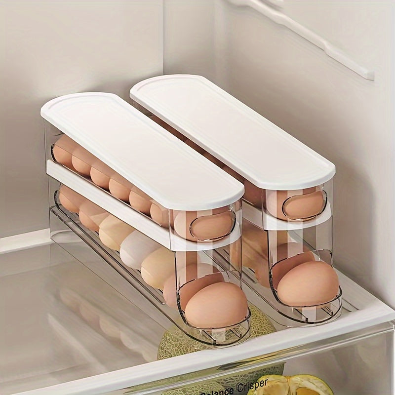 Compact double-layer egg storage box for refrigerator, made of durable, washable plastic. Perfect for home organization.